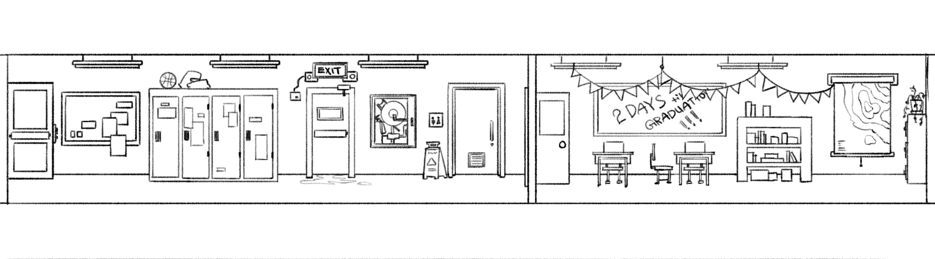 游戏中的学校走廊与教室，黑白手绘线条描绘储物柜、课桌与墙上装饰